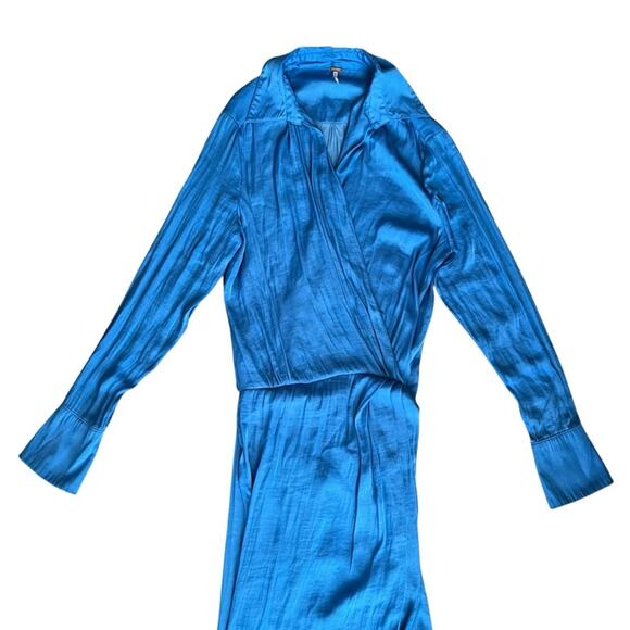 Free People Women’s Aida Collared Long Sleeve Silky Cobalt Blue Shirt Maxi Dress - Picture 3 of 15